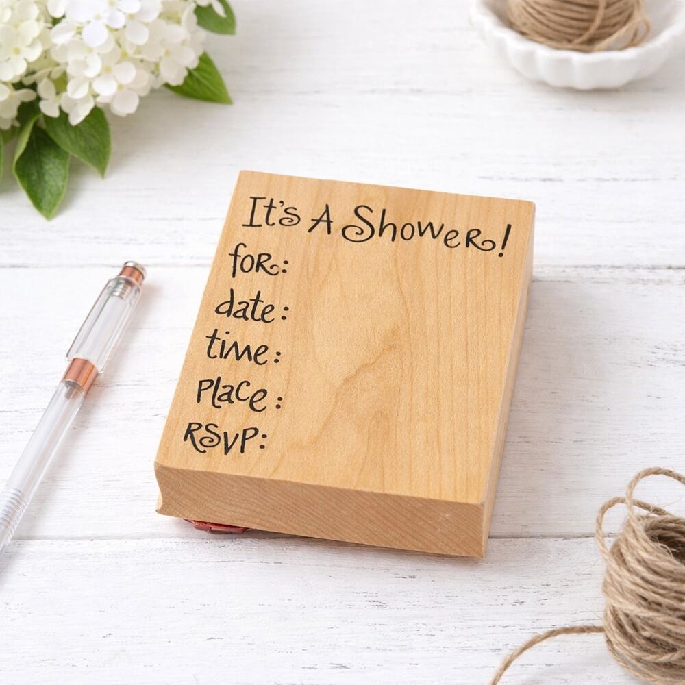 Baby Shower Invitation Rubber Stamp “It’s A Shower!” RSVP Date Time Place